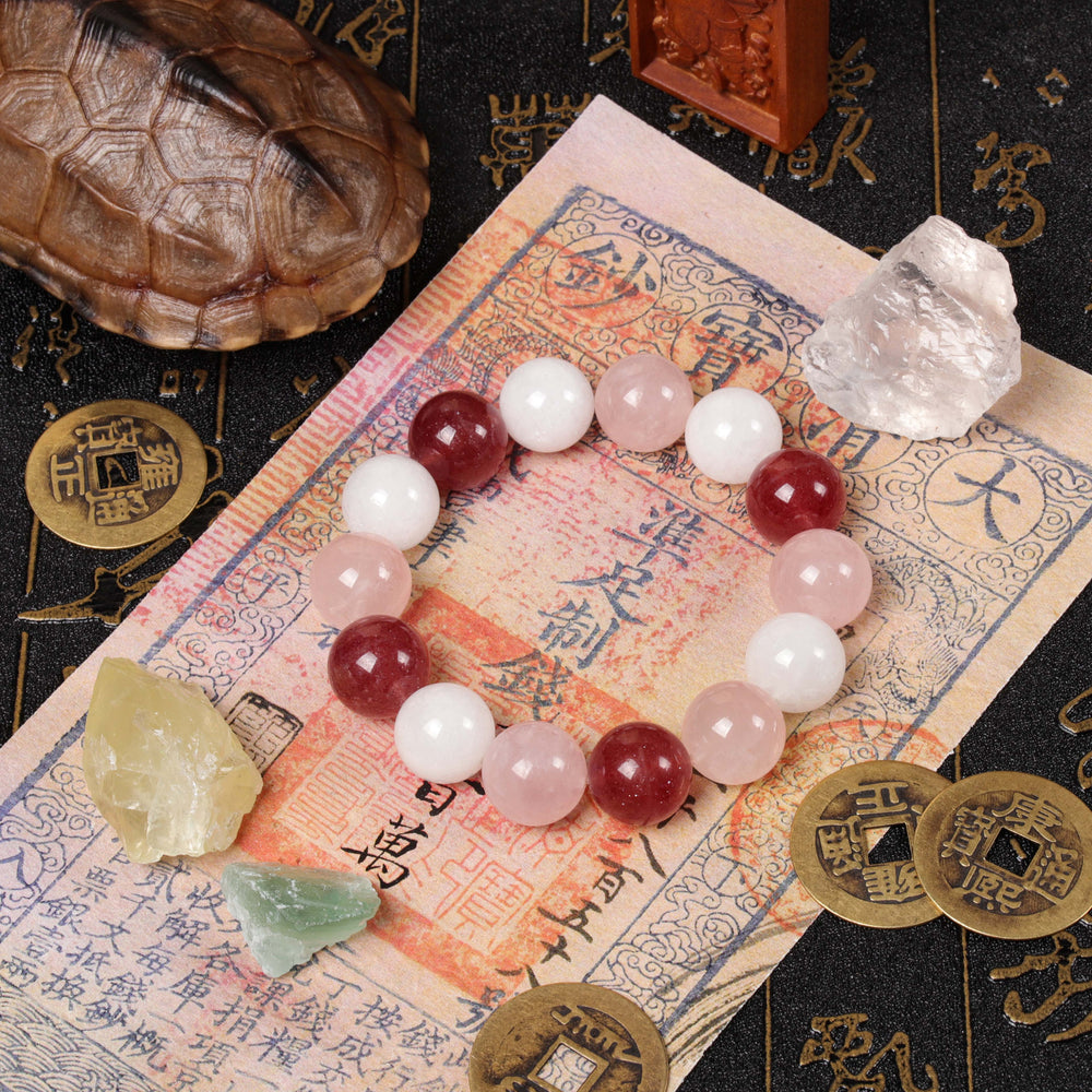 Natural Strawberry, Rose & White Phantom Quartz Bracelet | Magnetism & Harmony