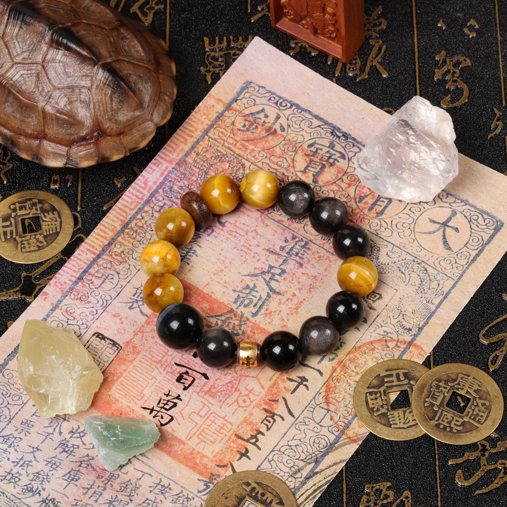 Natural Tiger's Eye, Agarwood & Kyanite Bracelet | 5-Element Power Shield
