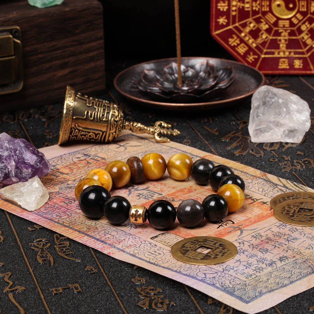 Natural Tiger's Eye, Agarwood & Kyanite Bracelet | 5-Element Power Shield