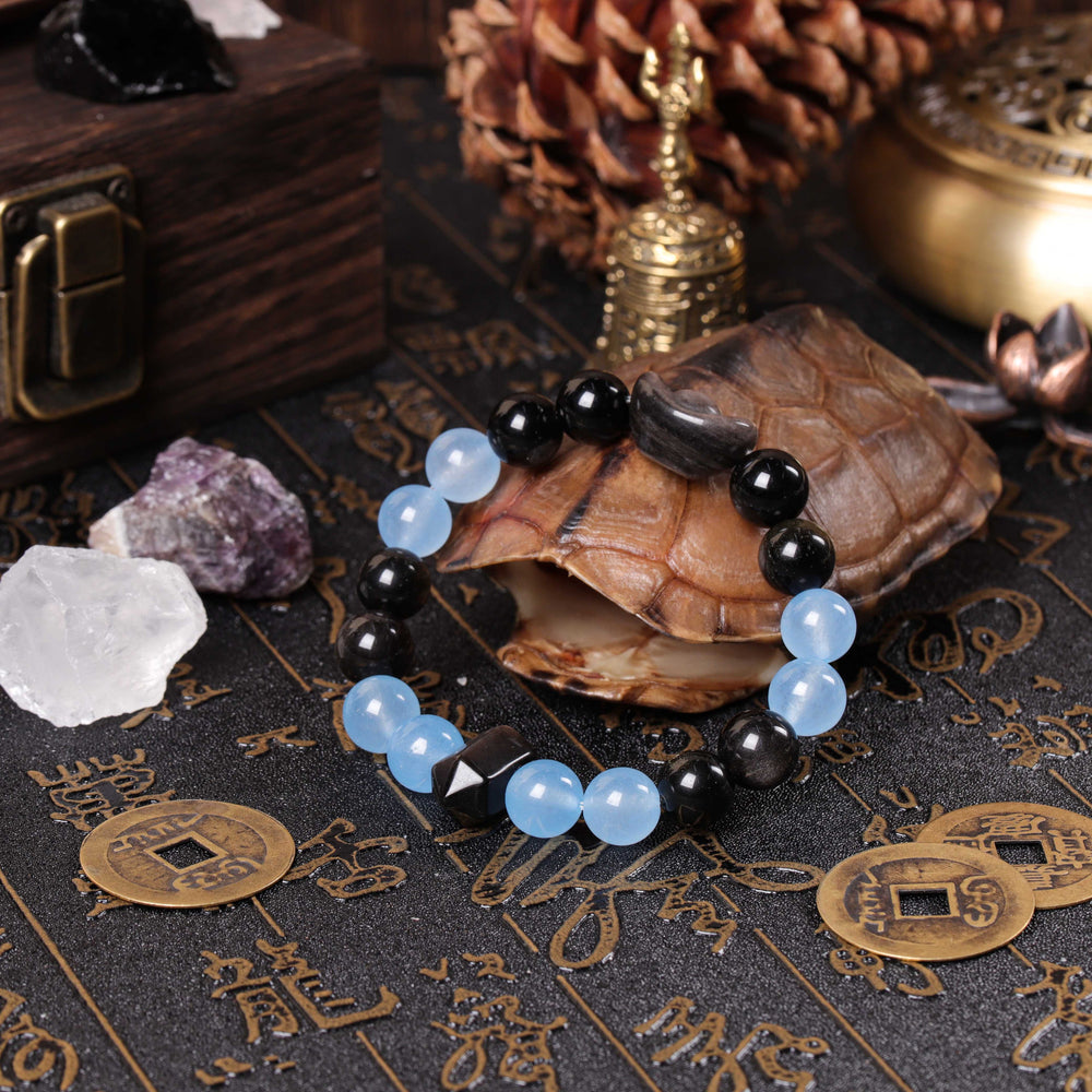 Natural Blue Chalcedony & Silver Obsidian | Anchor for Strategic Expression | Spiritual Jewelry