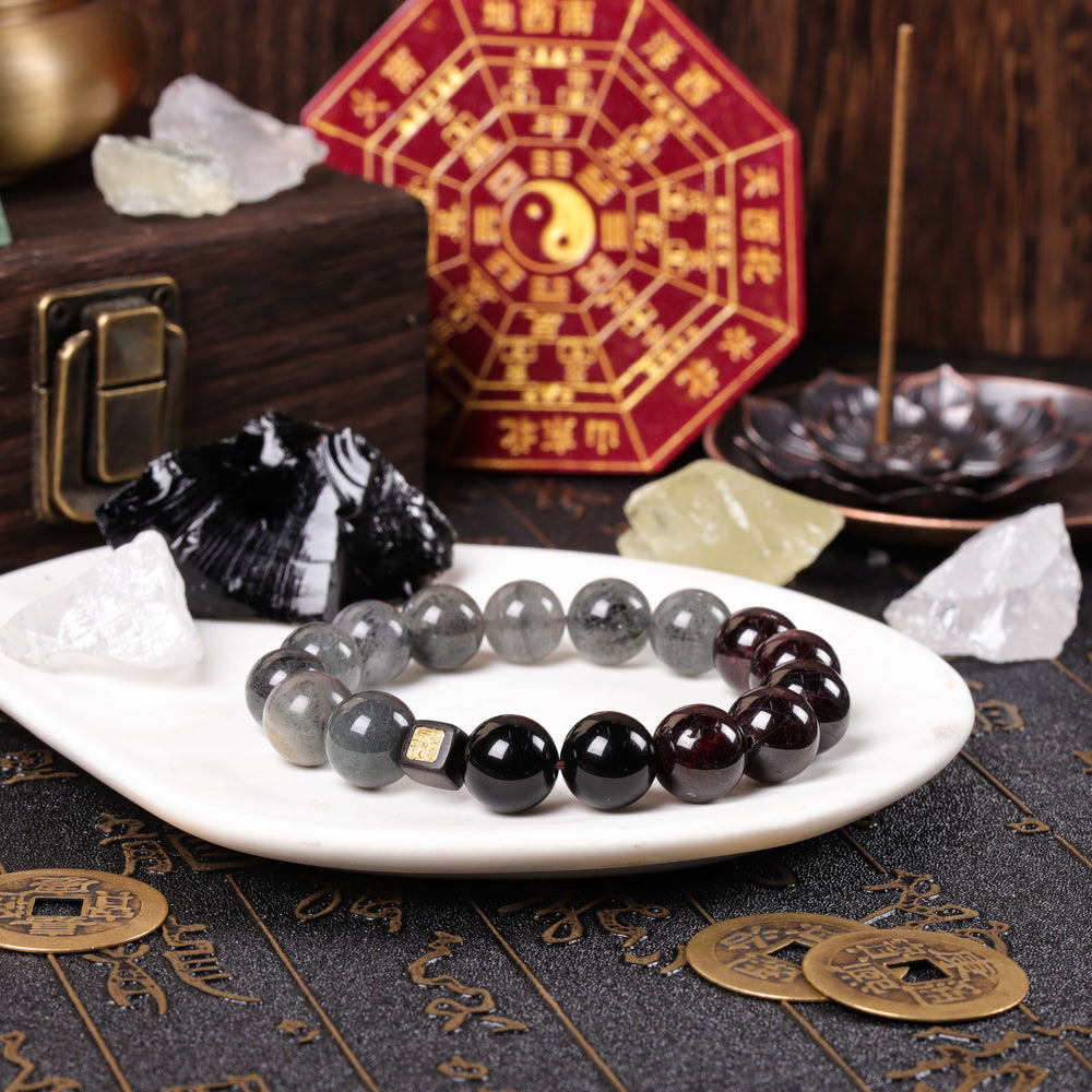 Protective Shield Array – Natural Black Strawberry Quartz & Garnet Bracelet