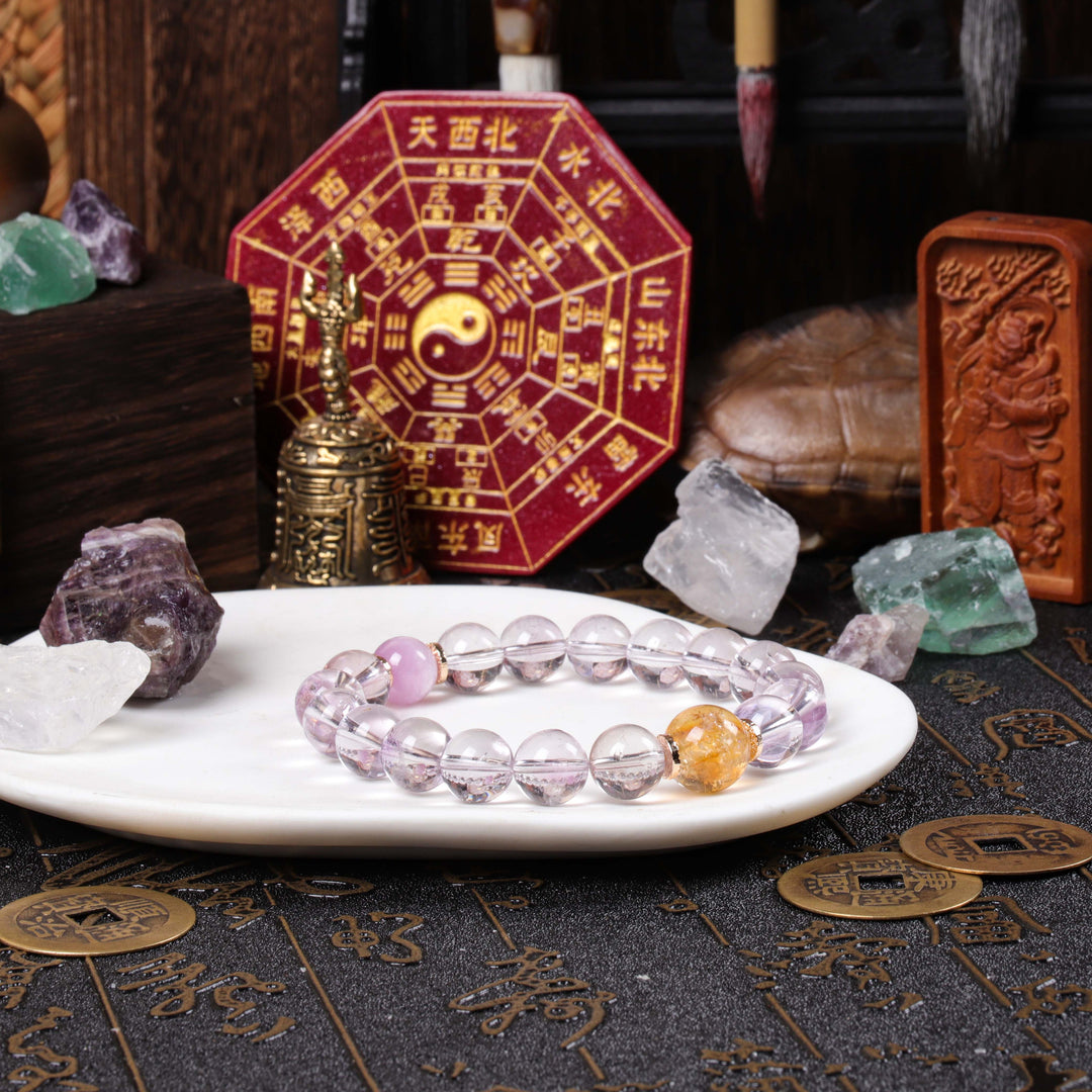 Natural Amethyst, Kunzite & Rutilated Quartz Bracelet for Mind-Body Alignment