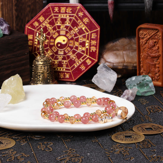 Charisma & Presence Array – Natural Strawberry Quartz & Champagne Quartz Double-Wrap Bracelet