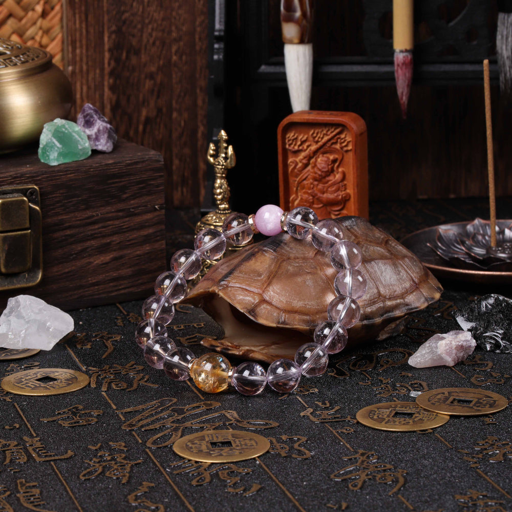 Natural Amethyst, Kunzite & Rutilated Quartz Bracelet for Mind-Body Alignment