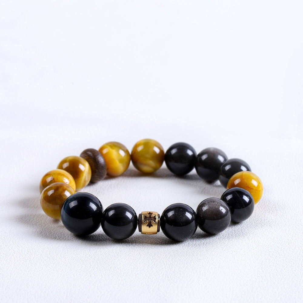 Natural Tiger's Eye, Agarwood & Kyanite Bracelet | 5-Element Power Shield