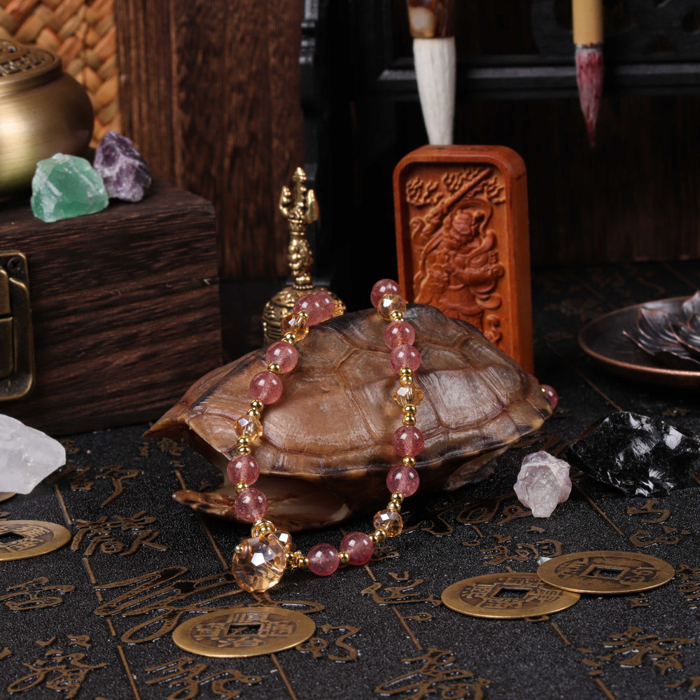 Charisma & Presence Array – Natural Strawberry Quartz & Champagne Quartz Double-Wrap Bracelet