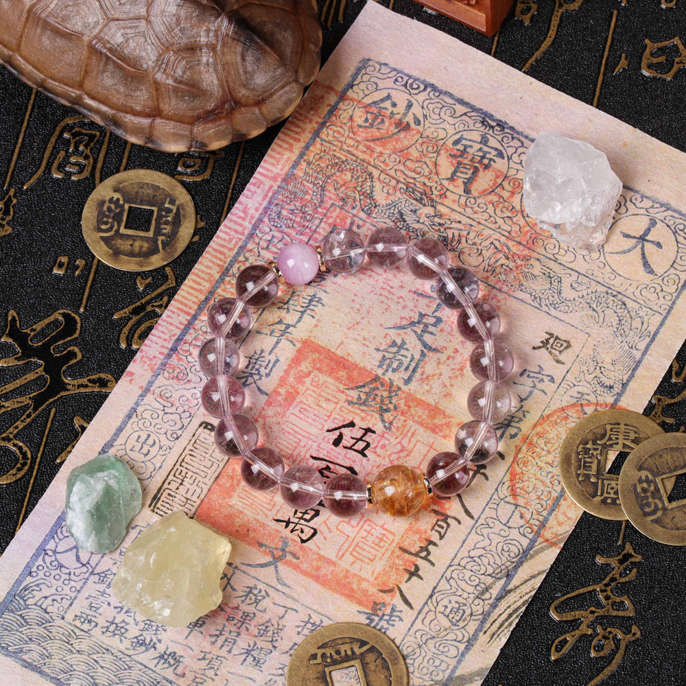 Natural Amethyst, Kunzite & Rutilated Quartz Bracelet for Mind-Body Alignment