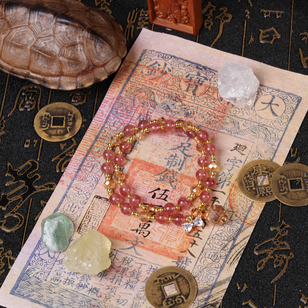 Charisma & Presence Array – Natural Strawberry Quartz & Champagne Quartz Double-Wrap Bracelet