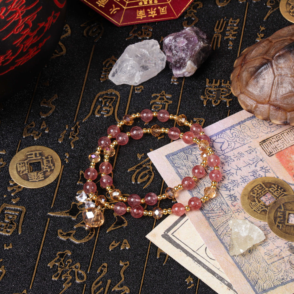 Charisma & Presence Array – Natural Strawberry Quartz & Champagne Quartz Double-Wrap Bracelet