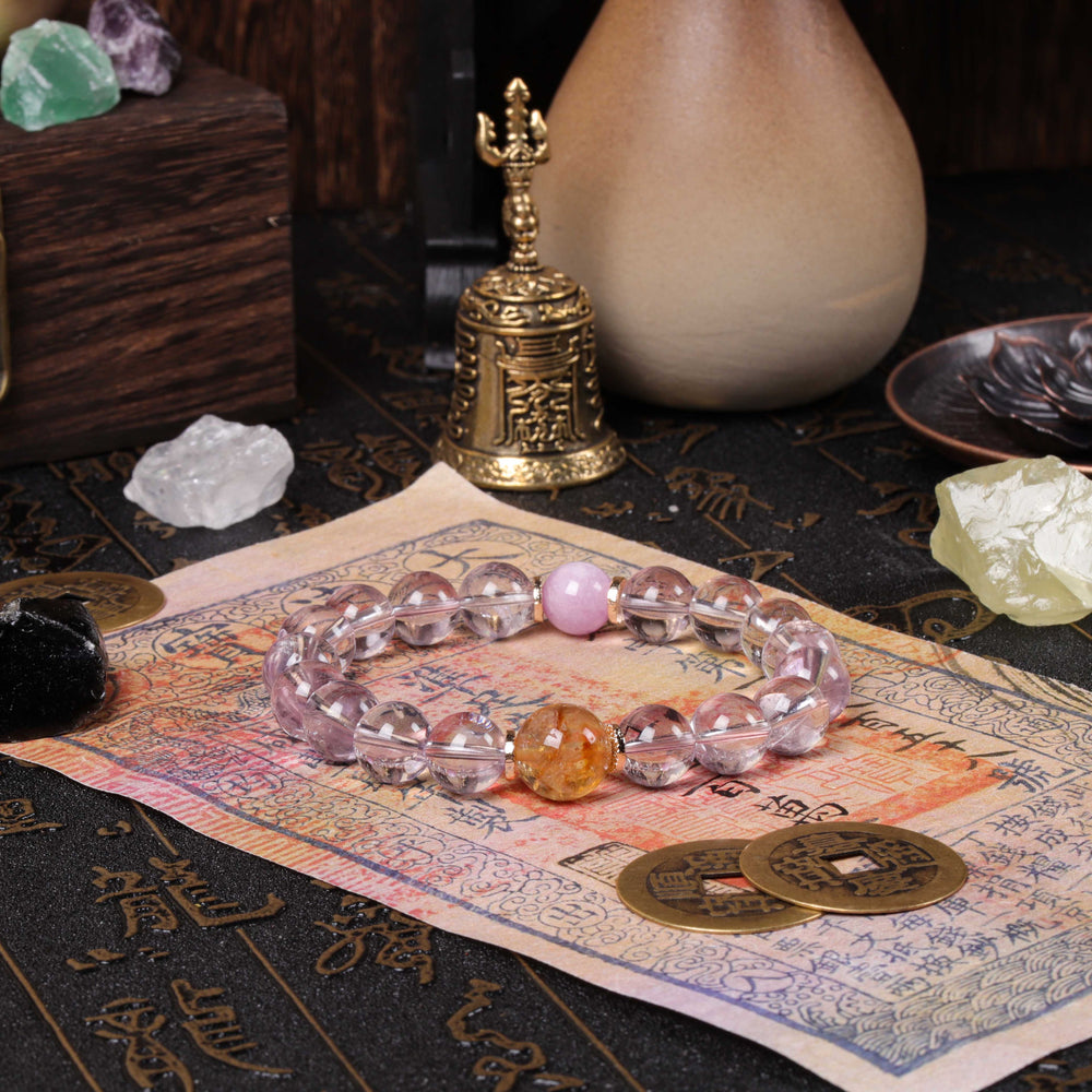 Natural Amethyst, Kunzite & Rutilated Quartz Bracelet for Mind-Body Alignment
