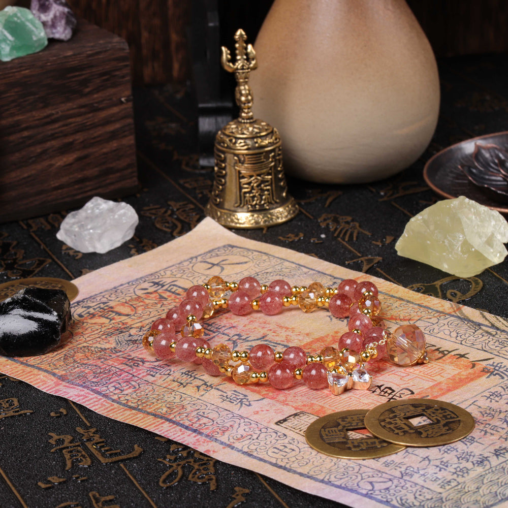 Charisma & Presence Array – Natural Strawberry Quartz & Champagne Quartz Double-Wrap Bracelet