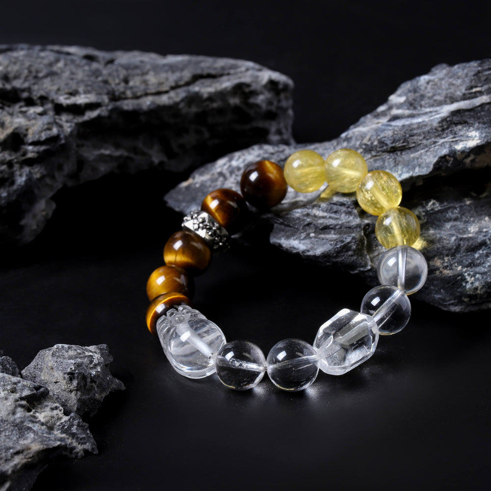 Natural Tiger's Eye, Fluorite & Clear Quartz Bracelet | Strategic Focus & Abundance