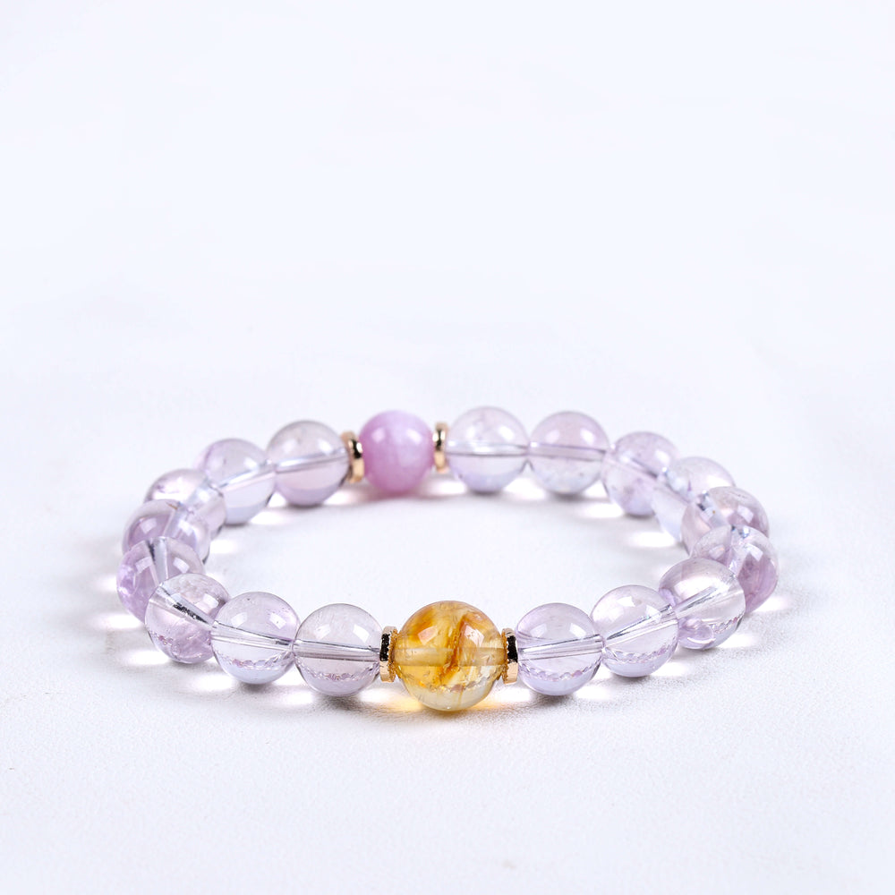 Natural Amethyst, Kunzite & Rutilated Quartz Bracelet for Mind-Body Alignment