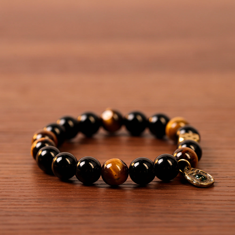 Sovereign Warrior Array – Natural Golden Tiger's Eye & Silver Obsidian Bracelet