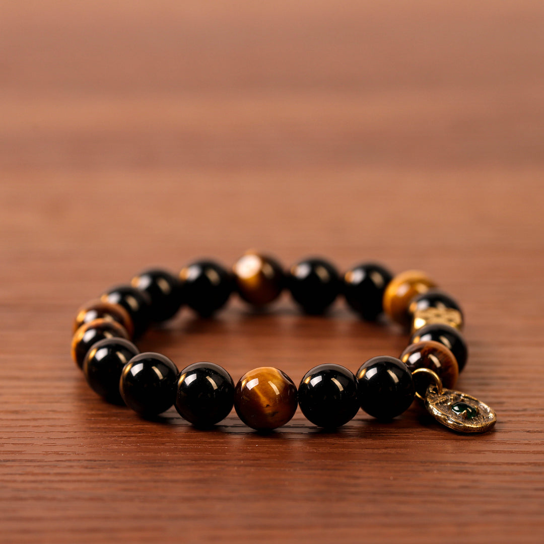 Sovereign Warrior Array – Natural Golden Tiger's Eye & Silver Obsidian Bracelet