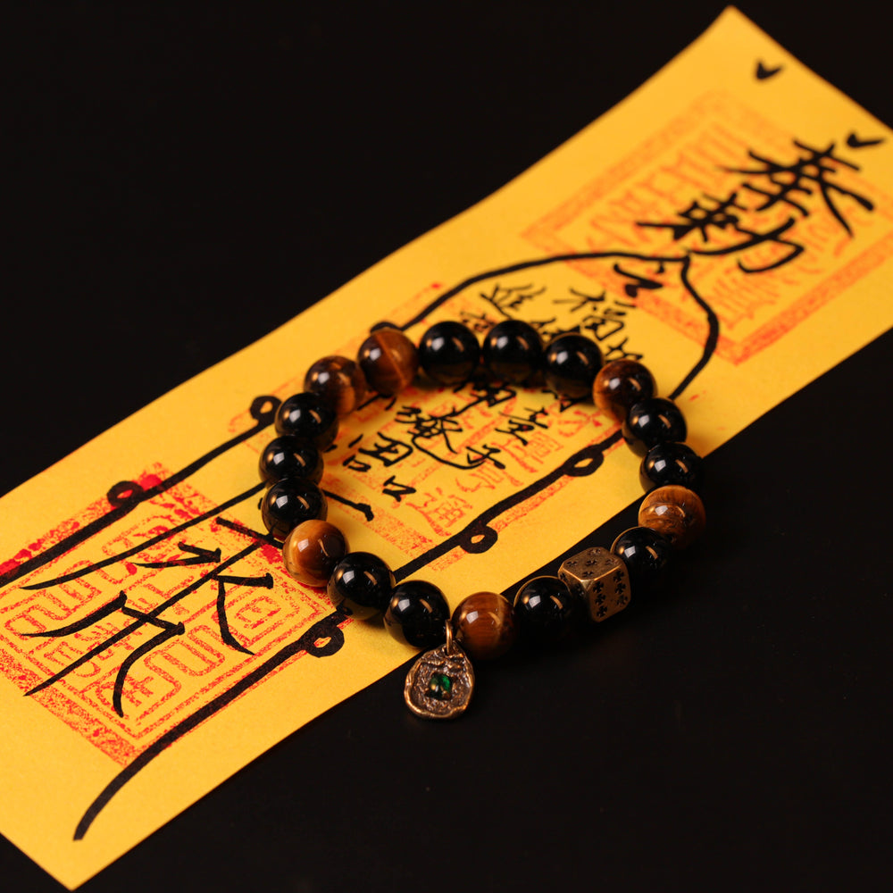 Sovereign Warrior Array – Natural Golden Tiger's Eye & Silver Obsidian Bracelet