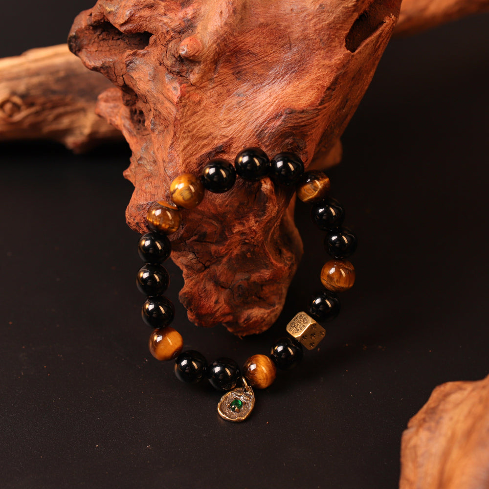 Sovereign Warrior Array – Natural Golden Tiger's Eye & Silver Obsidian Bracelet
