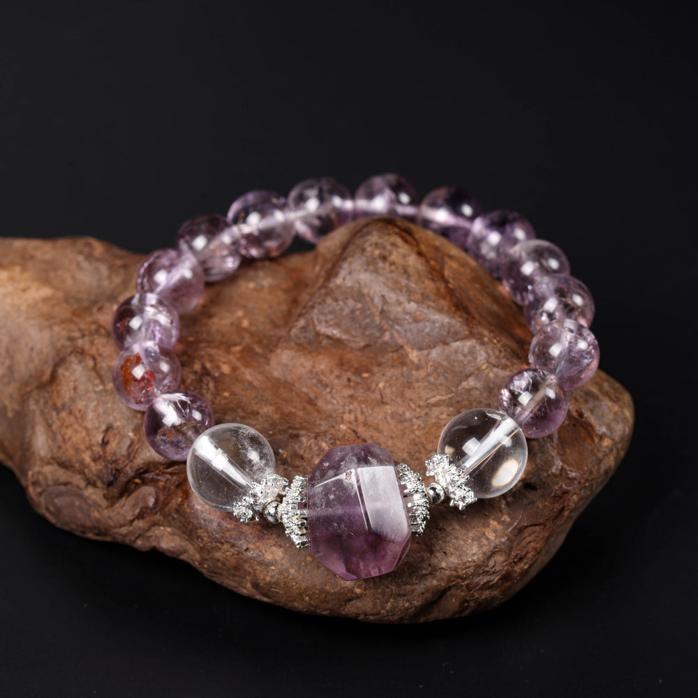 Ethereal Clarity Array – Natural Amethyst Azeztulite & Clear Quartz Bracelet