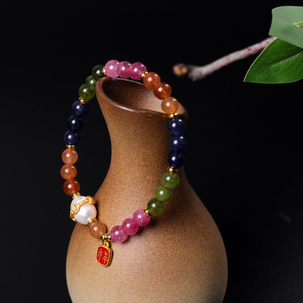Vitality Anchor Array – Natural Rainbow Tourmaline & Pearl Bracelet