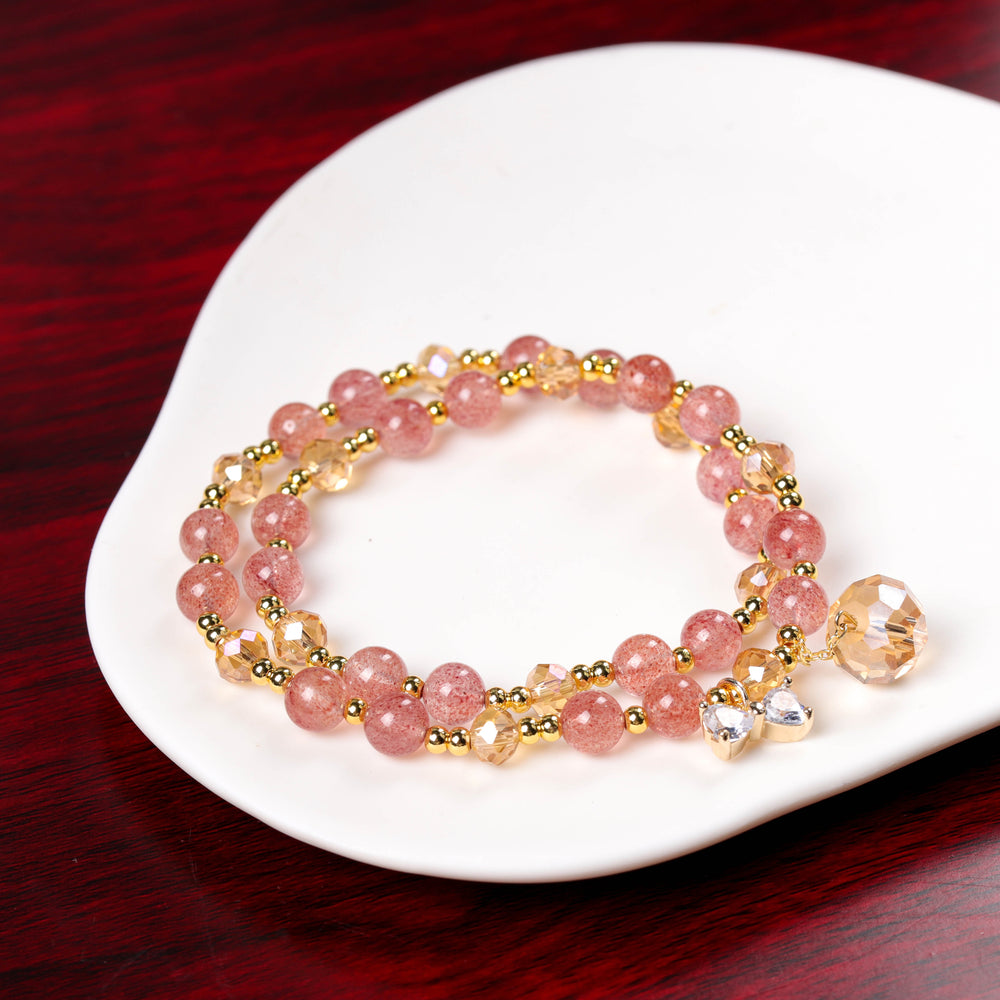 Charisma & Presence Array – Natural Strawberry Quartz & Champagne Quartz Double-Wrap Bracelet