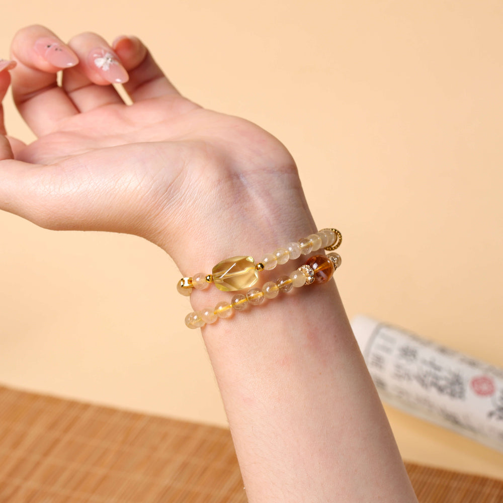 Natural Yellow Phantom & Rutilated Quartz Traditional Clarity & Stability Wrap Bracelet