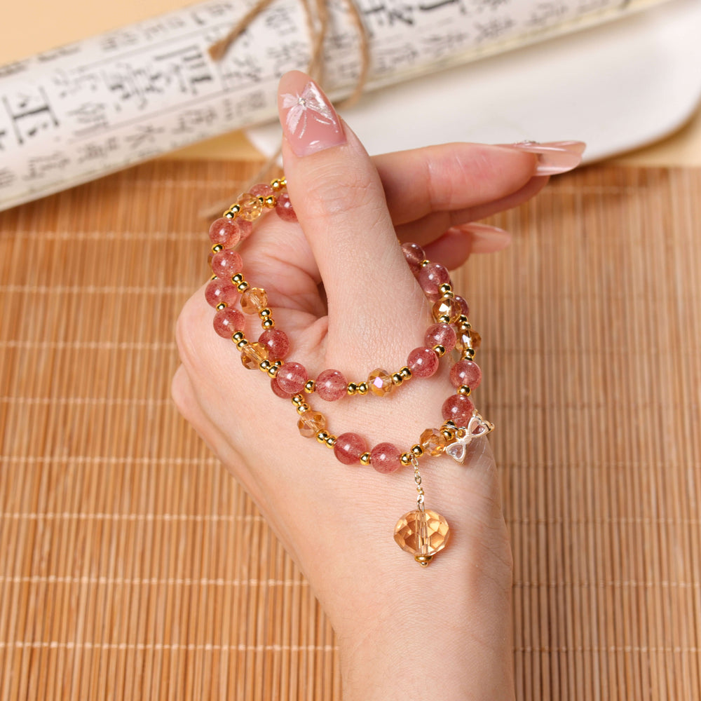 Charisma & Presence Array – Natural Strawberry Quartz & Champagne Quartz Double-Wrap Bracelet