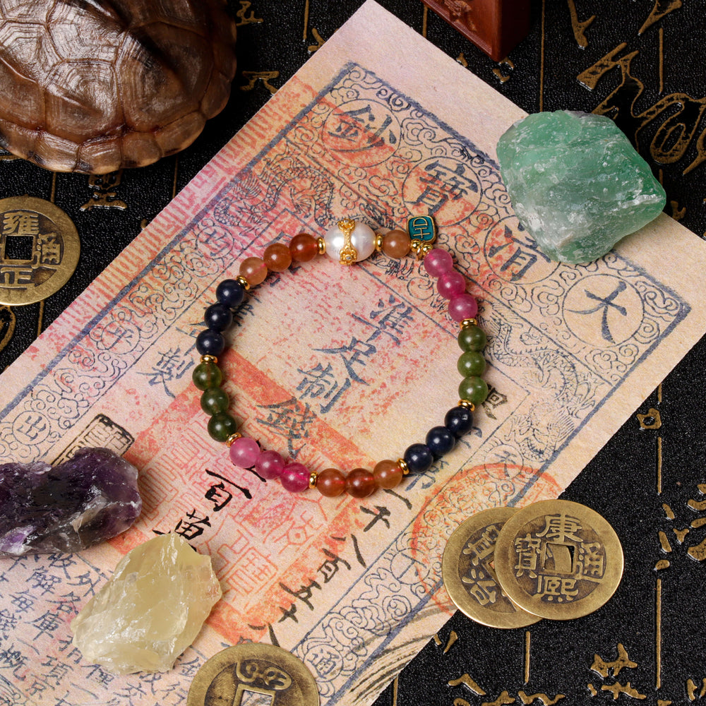 Vitality Anchor Array – Natural Rainbow Tourmaline & Pearl Bracelet