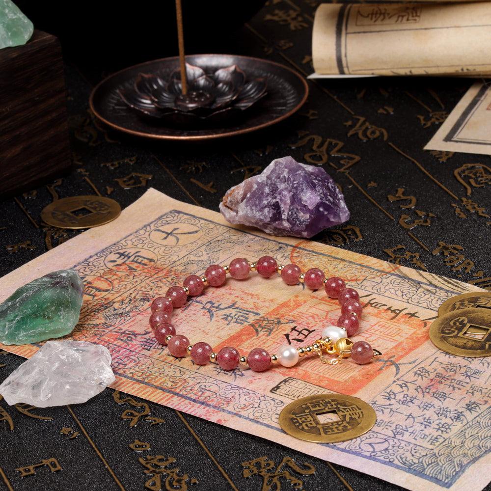 Presence & Compassion Array – Natural Strawberry Quartz & Pearl Bracelet
