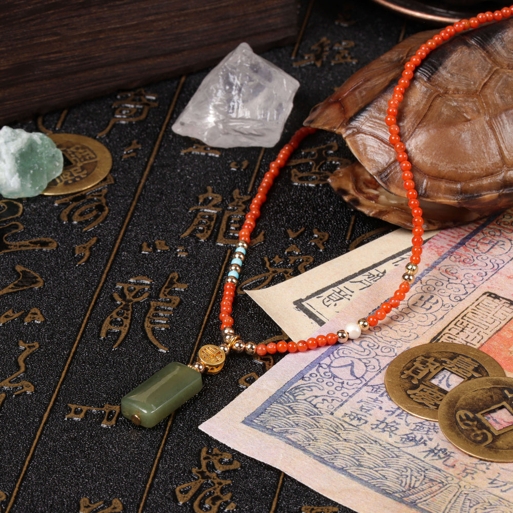 Peace & Vitality Array – Natural South Red Agate & Hetian Jade Choker
