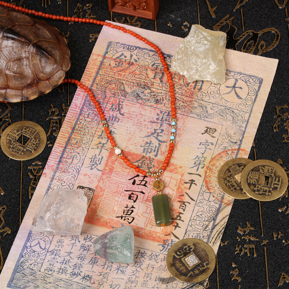 Peace & Vitality Array – Natural South Red Agate & Hetian Jade Choker